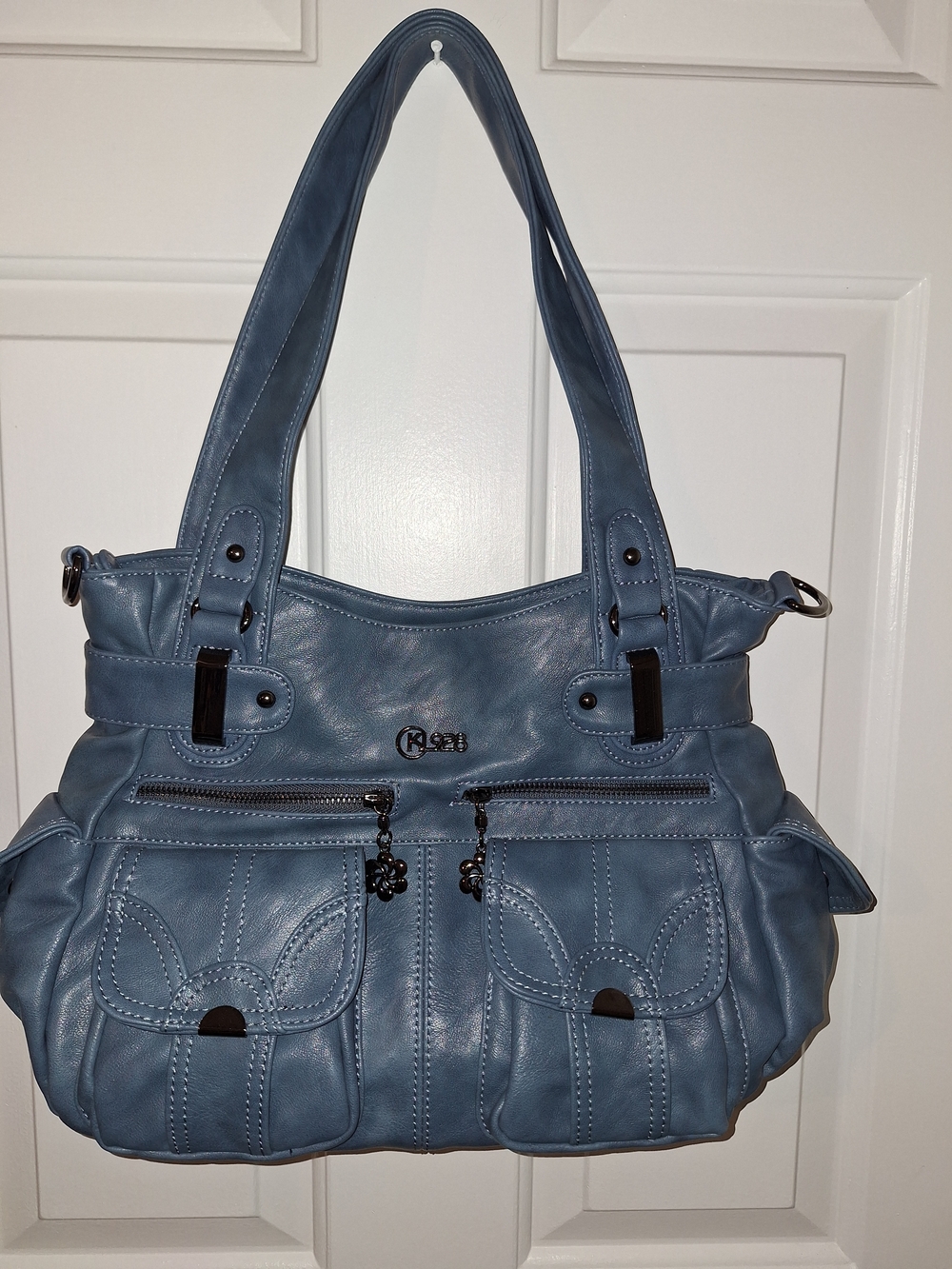 kenzie Dusty Blue Shoulder Bag with Front Pockets